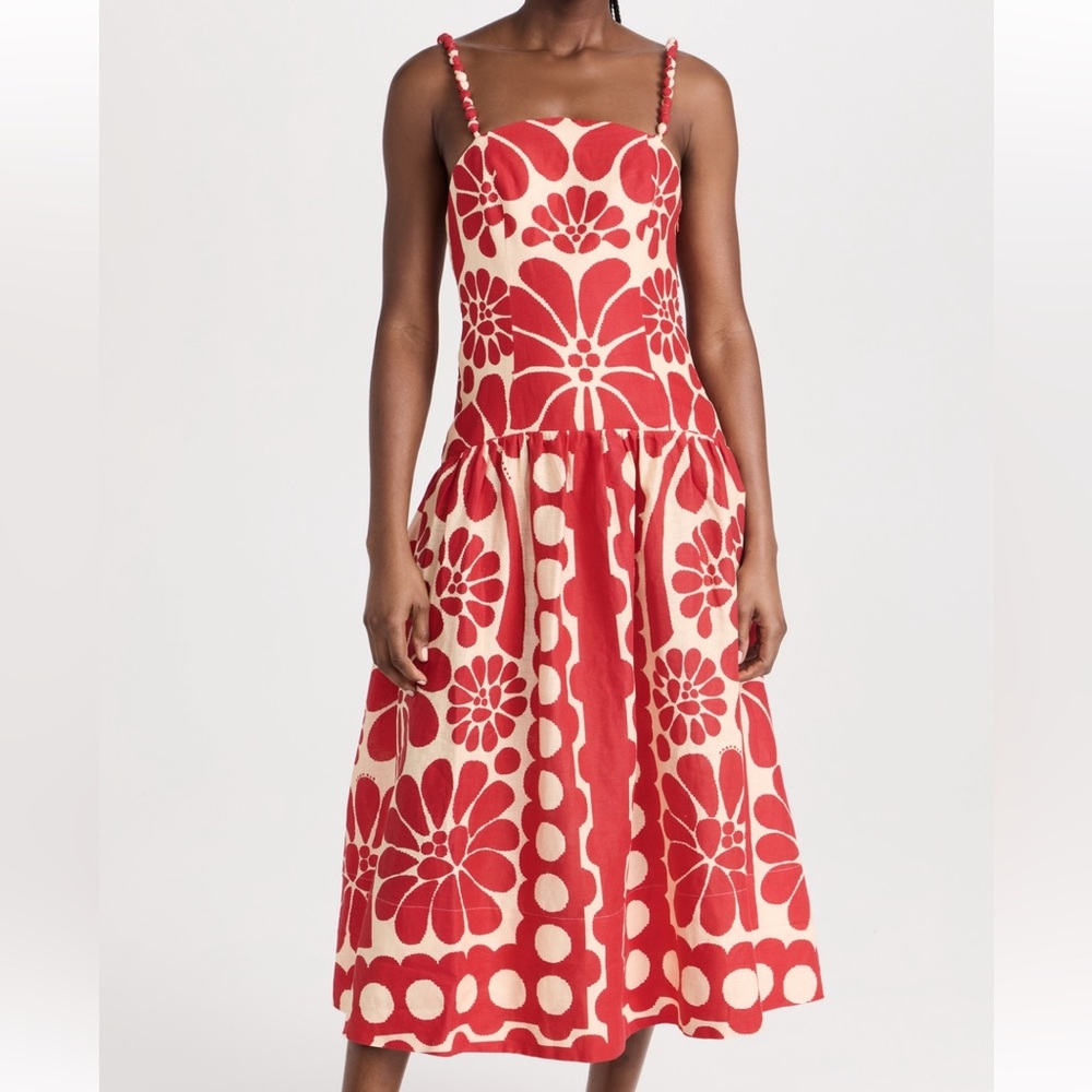 Farm Rio Palermo Red Sleeveless Midi Dress